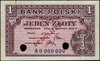 1 złoty 15.08.1939, seria A, numeracja 0000000, na stronie głównej czerwony ukośny nadruk \SPECIME..
