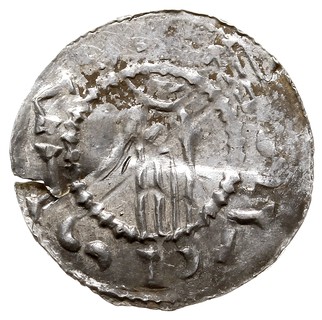 Brzetysław I jako książę Moraw, denar 1028-1034, Ołomuniec, Aw: Dłoń opatrzności, Rw: Krzyż długi z księżycami w polach, srebro 0.87 g, Cach 300, pęknięty, rzadki