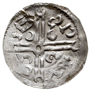 Brzetysław I jako książę Moraw, denar 1028-1034, Ołomuniec, Aw: Dłoń opatrzności, Rw: Krzyż długi z księżycami w polach, srebro 0.87 g, Cach 300, pęknięty, rzadki