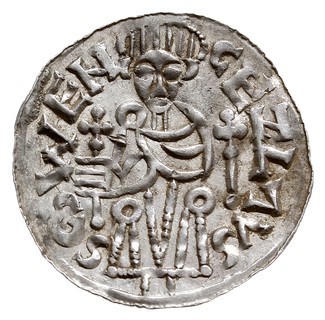 Brzetysław I 1037-1055, denar przed ok. 1050, Aw: Popiersie z chorągwią, BRACIZLΛVS DVX, Rw: Postać na tronie, SCS WENCEZLΛVS, srebro 1.08 g, Cach 317