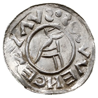 Brzetysław I 1037-1055, denar przed ok. 1050, Aw: Herb, BRAC..IAVS DVX, Rw: Dłoń boska w geście błogosławieństwa, SCS VVENCEZLAVS, srebro 1.16 g, Cach 319