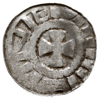 Zestaw denarów niemieckich z końca X i początku XI wieku: a) Saksonia ?, naśladownictwo denara krzyżowego ze świątynią, koniec X w.