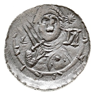 Władysław II Wygnaniec 1138-1146, denar, Aw: Książę z mieczem, Rw: Biskup z pastorałem i biblią, srebro 0.56 g, Str. 42, Such. XVII/1