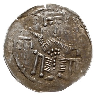 Bolesław IV Kędzierzawy 1146-1173, denar 1157-1166, Aw: Książę siedzący na tronie na wprost, trzymający lilię w dłoni po prawej, Rw: Napis poziomy w trzech liniach ADA / LBE / RTS, srebro 0.33 g, Str. 55*b, Such. XX/3, bardzo rzadki i pięknie zachowany