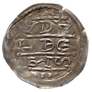 Bolesław IV Kędzierzawy 1146-1173, denar 1157-1166, Aw: Książę siedzący na tronie na wprost, trzymający lilię w dłoni po prawej, Rw: Napis poziomy w trzech liniach ADA / LBE / RTS, srebro 0.33 g, Str. 55*b, Such. XX/3, bardzo rzadki i pięknie zachowany