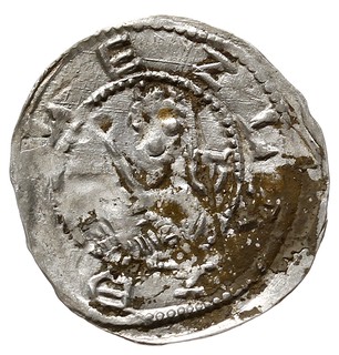 Bolesław IV Kędzierzawy 1146-1173, denar 1157-1166, Aw: Popiersie z mieczem, Rw: Trzej książęta za stołem, srebro 0.31 g, Str. 58, Such. XXI, patyna