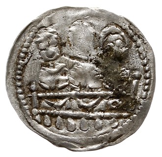 Bolesław IV Kędzierzawy 1146-1173, denar 1157-1166, Aw: Popiersie z mieczem, Rw: Trzej książęta za stołem, srebro 0.31 g, Str. 58, Such. XXI, patyna