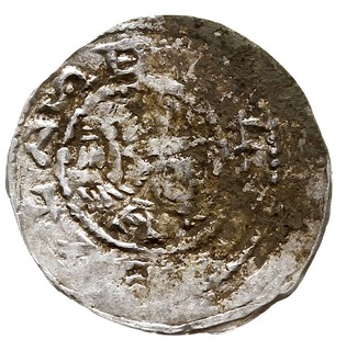 Bolesław IV Kędzierzawy 1146-1173, denar 1157-1166, Aw: Popiersie z mieczem, Rw: Trzej książęta za stołem, srebro 0.33 g, Str. 58, Such. XXI, patyna