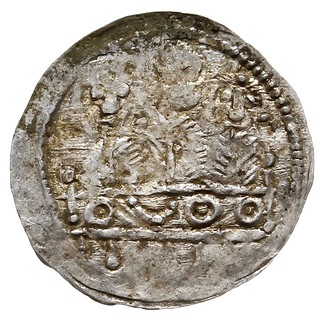 Bolesław IV Kędzierzawy 1146-1173, denar 1157-1166, Aw: Popiersie z mieczem, Rw: Trzej książęta za stołem, srebro 0.33 g, Str. 58, Such. XXI, patyna