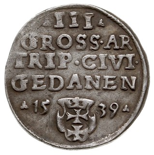 trojak 1539, Gdańsk, na awersie odmiana napisu PRVS i korona z krzyżykiem, Iger G.39.1.e (R1) -drobna różnica w interpunkcji, patyna