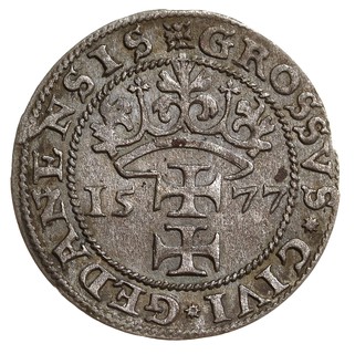 grosz oblężniczy 1577, Gdańsk, wybity w czasie gdy zarządcą mennicy był K. Goebl, na awersie pełna obwódka wewnętrzna, T. 2.50, ładnie zachowany, patyna