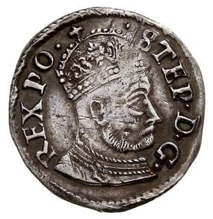 trojak 1579, Olkusz, odmiana z popiersiem króla przedzielającym napis u góry i u dołu, Iger O.79.1.a (R3), T. 10, rysy na monecie, bardzo rzadki, ciemna patyna