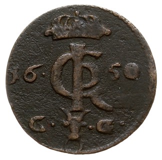 szeląg duży miedziany 1650, Bydgoszcz, data po bokach monogramu królewskiego, T. 5, dość ładnie zachowany, ciemna patyna