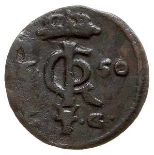 szeląg duży miedziany 1650, Bydgoszcz, odmiana z datą po obu stronach monety, T. 25?, zanitowana mała dziurka, bardzo rzadki, ciemna patyna