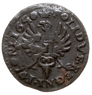 szeląg duży miedziany 1650, Bydgoszcz, odmiana z datą po obu stronach monety, T. 25?, zanitowana mała dziurka, bardzo rzadki, ciemna patyna