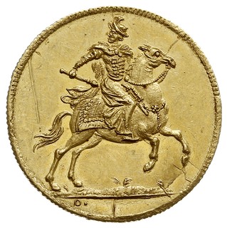 dukat koronacyjny 1697, Drezno, Aw: Król na koniu, Rw: Napisy, złoto 3.46 g, Kahnt 241, Merseb. 1389, ładnie zachowany, patyna
