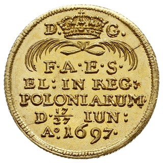dukat koronacyjny 1697, Drezno, Aw: Król na koniu, Rw: Napisy, złoto 3.46 g, Kahnt 241, Merseb. 1389, ładnie zachowany, patyna