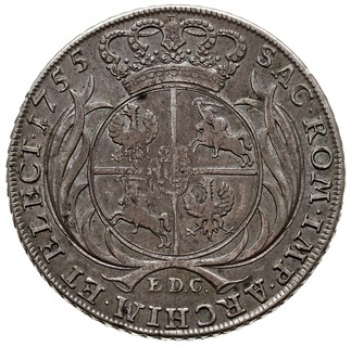 talar 1755, Lipsk, srebro 29.06 g, Kahnt 676 -wariant a (wysoka korona, której krzyż dotyka napisu), Schnee 1037 awers typ B, ale z dłuższymi lokami, rewers typ 3, patyna