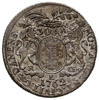 złotówka = 30 groszy (gulden) 1762, Gdańsk, Kahnt 719, drobna wada bicia, ale ładny egzemplarz, duży blask menniczy, patyna