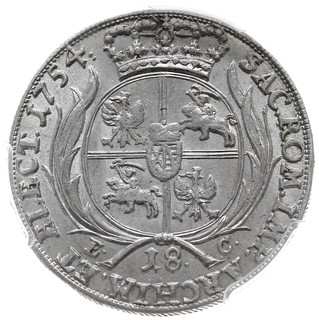 ort 1754, Lipsk, Kahnt 687 -wariant j (szerokie popiersie króla i owalny przekrój naramiennika zbroi), piękny egzemplarz, moneta w pudełku PCGS z certyfikatem MS 62