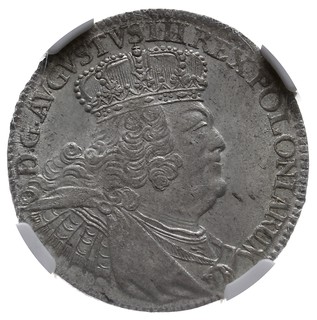 ort 1755, Lipsk, Kahnt 688 wariant -d (masywne popiersie króla i korona żłobkowana na awersie i rewersie), moneta w pudełku NGC z certyfikatem MS 62, ładnie zachowany