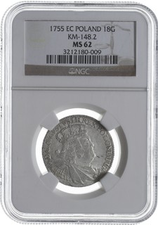 ort 1755, Lipsk, Kahnt 688 wariant -d (masywne popiersie króla i korona żłobkowana na awersie i rewersie), moneta w pudełku NGC z certyfikatem MS 62, ładnie zachowany