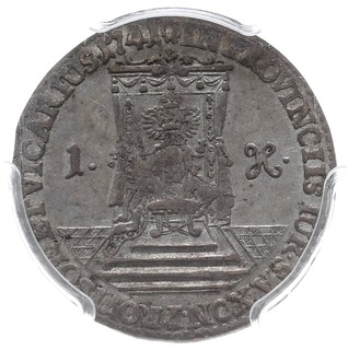 grosz wikariacki 1741, Drezno, Aw: Król na koniu, Rw: Tron, Kahnt 642, Merseb. 1699, moneta w pudełku PCGS z certyfikatem AU 53