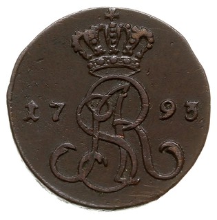grosz 1793, Warszawa, odmiana z koroną lekko dotykającą do monogramu, gałązki lauru rozszerzone, Plage 190, patyna