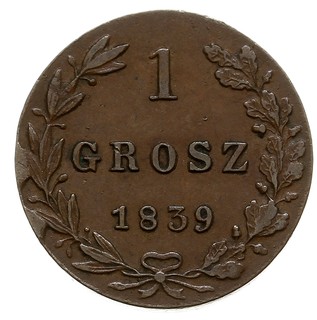 1 grosz 1839, Warszawa, odmiana bez kropki po dacie i po GROSZ, ogon Orła szerszy, Plage 254, Bitkin 1225, ładny, patyna