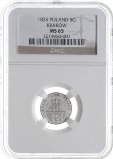 5 groszy 1835, Wiedeń, Plage 296, wyśmienicie zachowana moneta w pudełku NGC z certyfikatem MS 65