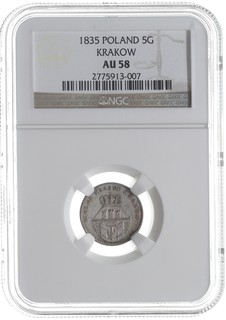 5 groszy 1835, Wiedeń, Plage 296, moneta w pudełku NGC z certyfikatem AU 58, patyna