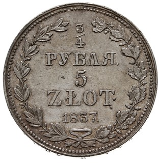 3/4 rubla = 5 złotych 1837, Warszawa, odmiana z kropką po ZŁOT i dwiema jagódkami po 5-tej gałązce, Plage 356, Bitkin 1143, patyna