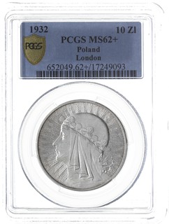 10 złotych 1932, Anglia, Głowa Kobiety, Parchimowicz 120.b, moneta w pudełku PCGS z certyfikatem MS 62+, bardzo ładne