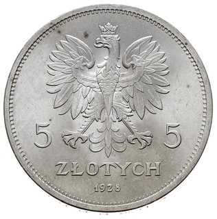 5 złotych 1928, Warszawa, Nike, Parchimowicz 114.a, bardzo ładne