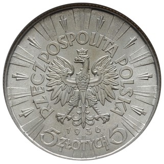 5 złotych 1936, Warszawa, Józef Piłsudski, Parchimowicz 118.c, moneta w pudełku NGC z certyfikatem MS 63, piękne