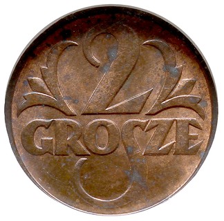2 grosze 1936, Warszawa, Parchimowicz 102.k, bardzo ładnie zachowana moneta w pudełku NGC z certyfikatem MS 63 RB, patyna