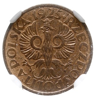 1 grosz 1925, Warszawa, Parchimowicz 101.b, bardzo ładnie zachowana moneta w pudełku NGC z certyfikatem MS 64 RB, delikatna patyna