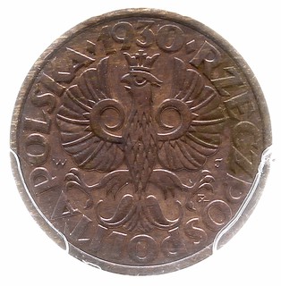 1 grosz 1930, Warszawa, Parchimowicz 101.e, pięknie zachowana moneta w pudełku PCGS z certyfikatem MS 64 RB, patyna