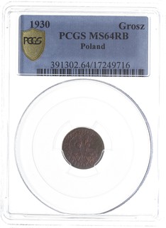 1 grosz 1930, Warszawa, Parchimowicz 101.e, pięknie zachowana moneta w pudełku PCGS z certyfikatem MS 64 RB, patyna