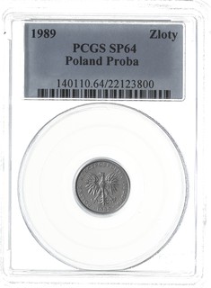 1 złoty 1989, Warszawa, na rewersie wypukły napis PRÓBA, nakład nieznany, Parchimowicz P-222.c, aluminium, moneta w pudełku PCGS z certyfikatem MS 64,