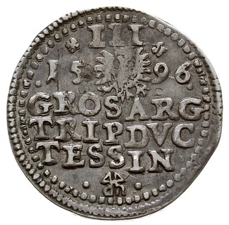 trojak 1596, Cieszyn, Iger Ci,96.1.e (R4) -ale po bokach znaku menniczego dwie kropki zamiast krzyżyków, F.u.S. 2984, rzadki, patyna
