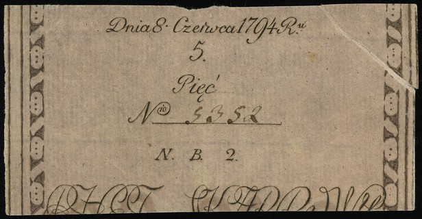część grzbietowa (kupon kontrolny) do banknotu 5 złotych polskich 8.06.1794, seria N.B.2, numeracja 5352, Lucow 12 (R6) - ilustrowane w katalogu kolekcji, Miłczak - nie notuje, patrz A1, nie notowane, wielka rzadkość w idealnym stanie