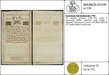 10 złotych polskich 8.06.1794, seria F, numeracja 42002, widoczny znak wodny z napisami firmowymi, Lucow 23b (R4), Miłczak A2, bardzo ładnie zachowane