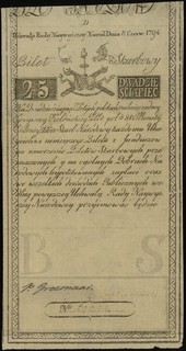 25 złotych polskich 8.06.1794, seria D, numeracja 29944, Lucow 27 (R1?) - ale nie notuje bez firmowego znaku wodnego, Miłczak A3