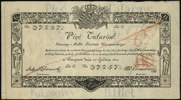 5 talarów 1.12.1810, podpis komisarza \Antoni Kochanowski, seria C
