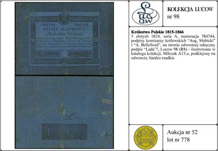 5 złotych 1824, seria A, numeracja 784744, podpisy komisarzy królewskich \Aug. Słubicki\" i \"A. Bellefroid, na stronie odwrotnej odręczny podpis \"Lada\"?