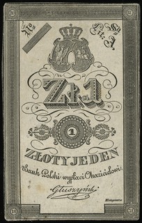 próbny druk 1 złoty 1831, litera A, bez numeracji, podpis dyrektora banku \Głuszyński, cienki kremowy papier bez znaku wodnego i suchego stempla