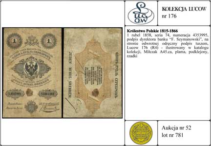 1 rubel srebrem 1858, seria 74, numeracja 4353995, podpis dyrektora banku \F. Szymanowski, na stronie odwrotnej odręczny podpis tuszem
