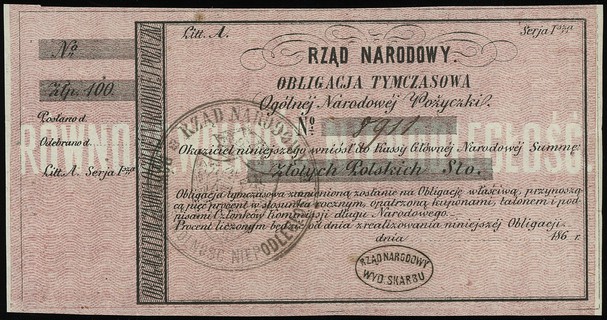 Rząd Narodowy, obligacja tymczasowa ogólnej narodowej pożyczki na 100 złotych 1863, seria A, numeracja 8911, cienki papier, Lucow 210 (R2), Moczydłowski S4 (1), dwa stemple na stronie głównej, pięknie zachowana