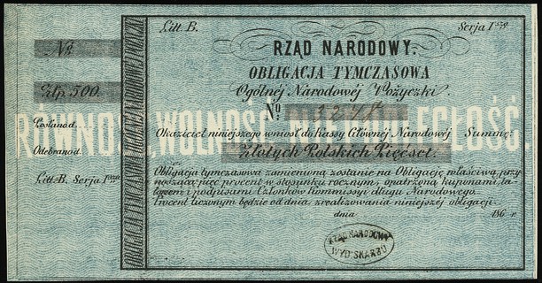 Rząd Narodowy, obligacja tymczasowa ogólnej narodowej pożyczki na 500 złotych 1863, seria B, numeracja 3248, cienki papier, Lucow 211 (R3), Moczydłowski S5 (1), jeden stempel na stronie głównej, pięknie zachowana